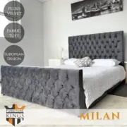 Milan Queen Bed Frame Studded Fabric Grey Plush Velvet Upholstered Tufts