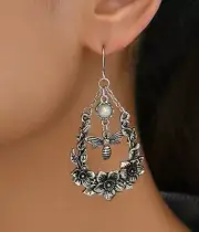 Bee and Flower Opal Teardrop Dangle Earrings Silver