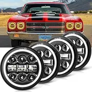 5-3/4 5.75 inch LED Headlight White Amber LED Halo Compatible with Challenger Gran Torino Oldsmobile Cutlass Plymouth Fury Muscle Cars Trucks Angel Eye Headlights, 4 Set