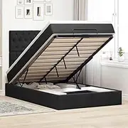 vidaXL Black Velvet Ottoman Bed - King Single with Mattress, Hydraulic Storage & LED Lights