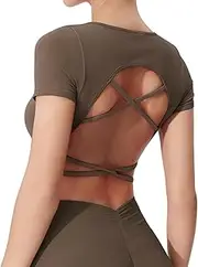 [TianheInnove] Women's Seamless Cross-Back Yoga Top Built-in Bra,Quick-Dry Running Shirt, High-Stretch Gym Tee