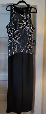 Adrianna Papell Womens Black Sequin Floral Design Wide Leg Jumpsuit Size 16 NWT
