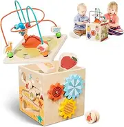 Dinosaur Theme 5-in-1 Wooden Montessori Activity Cube for 1 Year Old Kids