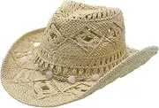 [Generic] Cowboy Hats for Women Classic Straw Cowgirl Beach Hat Music Festival Party Adult Sun Straw Western Cowboy Hats, B-beige, One Size, B-beige, One Size