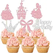 Gyufise 24Pcs Princess Cupcake Toppers Glitter Castle Bowknot Happy Birthday Cake Topper Decorations for Princess Happy Birthday Baby Shower New Year Party Supplies Pink Silver