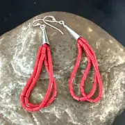 Native Red Coral Heishi Tube Liquid Sterling Silver Dangle Earrings 2" 4394
