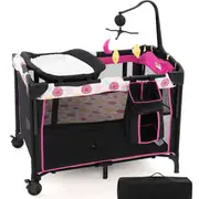 Costway 4-in-1 Portable Travel Cot Adjustable Portacot Bedside Bassinet Playpen Cradle w/Mattress & Toy Rack Pink