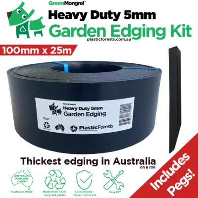HeavyDuty Lawn Edging Kit 100mmx 25mx5mm with 6,10 or 25 Pegs-Recycled Plastic