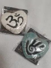 Jeremy Diller raku pottery lot of 2 heart stones OM symbol & healing hand