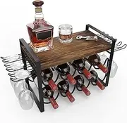 JAFUSI Wine Rack for Countertop, Metal Tabletop Wine Holder, Natural Wood 8 Wine Bottles Storage Shelf Stand with Wood Tray 6 Glasses Hooks