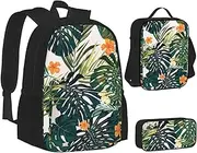 [ERCgad] Tropical Summer Hawaiian Flower Palm Leaves Print Canvas 3-In-1 School Bags Set Backpack Lunch Bag Pencil Case Combo For Men Women, Black, One Size