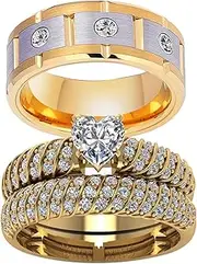 ringheart 2 Rings Couple Rings Bridal Sets Yellow Gold Plated Heart Cz Womens Wedding Ring Sets Titanium Steel Man Wedding Bands