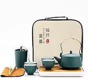 fanquare Japanese Green Kungfu Tea Set, Chinese Portable Tea Set with Tray, Porcelain Gift Tea Set for Adults, Travel Tea Set