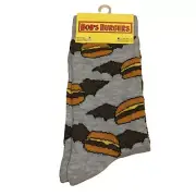 BOB'S BURGERS Men's Crew Socks FLYING BAT HAMBURGERS Size 4-10 Gray