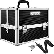 Embellir Makeup Case, Aluminium Lockable Beauty Cases Suitcase Make Up Large Organisers Storage Portable Toiletry Cosmetic Box Travel Indoor Outdoor, with 4 Trays Shoulder Strap 8 Dividers Black
