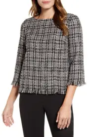 Anne Klein Women's Tweed Fringe Trim Top Gray Size X-Small