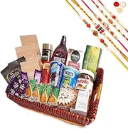 Jaiccha Ghasitaram Rakhi Gifts for Brothers - Big Red Basket Hamper of 30 Goodies with 5 Rakhis