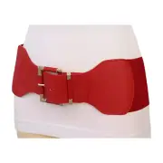 Women Red Elastic Wide Casual Day Fashion Belt Hip Waist Gold Square Buckle S M