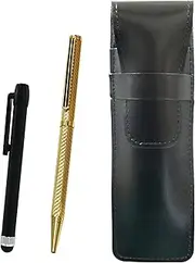 Slim Cowhide Leather Pen Case Black Metal Touch Stick Black and Brass Hex Rotating Holi Gold Ballpoint Pen Set Gold ASB-ALB-6KSBP-K
