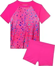 [Snowheart] Girl Swimsuits 2 Pieces Multicolor Short Short Sleeve Quick Dry Durable Rash Guard Set with Shorts