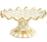 MACKENZIE CHILDS PARCHMENT CHECK Ceramic Fluted Cake Stand - NIB