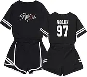 [Kelukes] Fashion Women's Short + Hot Pants Set Jisung Hyunjin Minho New Album Merch Support Crop Top Two Piece Set, Style-1, XX-Large
