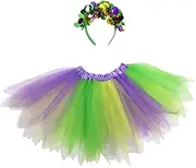 [WRITWAA] Mardi Gras Tutu Skirt Headband Set 2pc Carnival Accessories for Women Girls Festive Look