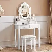 Giantex Dressing Table Stool Set, LED Vanity Makeup Table Desk, 10 Brightness Adjustable LED Lights & Rotating Oval Mirror & Touch Switch & Detachable Top, Jewellery Storage Organiser Cabinet