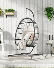 Dystler Hanging Egg Chair with Stand, Patio Wicker Egg Swing Chair with Cushion for Bedroom Garden Indoor Outdoor (Beige)