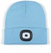 [PLBSE] Unisex LED Beanie with Light, USB Rechargeable Hands Free LED Headlamp Hat, Knitted Night Light Beanie Cap Flashlight Hat, Light Blue, One size