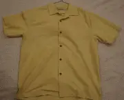 TOMMY BAHAMA SWORDFISH LOGO Mens YELLOW w FLORAL INLAY SILK SS CAMP SHIRT NWT S