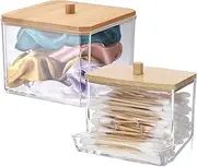 SUMTree 2 PCS Square and L-Shape Qtip Cotton Ball Holder Acrylic Qtip Dispenser with Bamboo Lid, Floss Swab Dispenser, Bathroom Storage Jar Canister, Plastic Apothecary Jar for Kitchen Bathroom