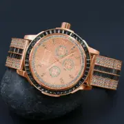 18K Rose Gold 2 Tone Real Diamond Black Onyx Custom Solid Steel Bezel Band Watch