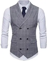 [HEYDHSDC] Men Plaid Blazer Vests Double Breasted Turn Down Collar Sleeveless Coats Casual Slim Fit Waistcoat Gray Xxl