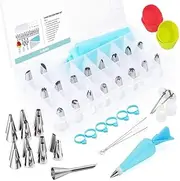 Kimilx Piping Bags and Tips Set, 10 Disposable Bag, 63PCS Cake Decorating Kit with 24 Piping Tips,1 Reusable Pastry Bags,1 Cake Scraper, 5 Cupcake Molds, 6 Bags Tie,3 Converter
