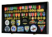 Medal Display Case XL Pin Badge Patch Flag Black Wood Military Ribbon Wall Rack