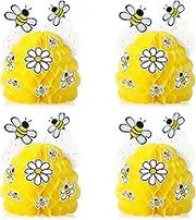 4 Pieces Honey Bee Centerpieces Honeycomb Decorations Yellow Bee Honeycomb Table Centerpieces with Sunflower Stickers for Bee Day Gender Reveal Birthday Party Decoration