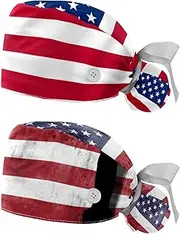 [WOSHJIUK] Working Hat 2 Pack Scrub Caps for Women,American Flag,Tie Back Cap Adjustable Scrub Hat