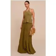 Olive Cotton Tiered Drawstring Waist Maxi Skirt, Olive