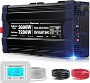 New Upgraded 3600Watts Pure Sine Wave Inverter,Peak Power 7200W DC 12V to 220-240V AC Solar Power Inverter with 2AC Outlets,USB Port,TypeC Port for Truck,RV,Vehicles,Remote Control with LED Screen