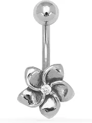 [Generic] 14ct White Gold CZ Cubic Zirconia Simulated Diamond 14 Gauge Dangling Flower Body Jewelry Belly Ring Measures 23x11mm Jewelry Gifts for Women