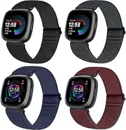Vodtian 4 Pack Elastic Bands Compatible for Fitbit Versa 4/Versa 3/Fitbit Sense 2/Sense Band, Adjustable Nylon Stretchy Replacement Loop Straps for Fitbit Versa 4/Sense 2/Versa 3/ Sense Women Men