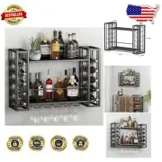 Sleek Black Metal Wine Rack - Wall Mounted with Glass Holder for Elegant Storage