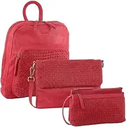 3PC Set Pierre Cardin Womens Woven Leather Cross-Body Bags + Backpack - Red