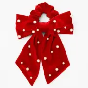 Beautiful red velvet pearl bow hair tie scrunchy