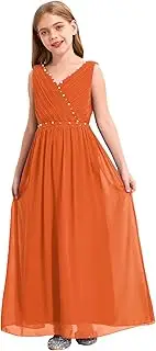 [RUNQHUI] Girls Chiffon Dress Rhinestone Bridesmaid Dance Ball Maxi Gown Floor Length V-Neck Dresses