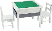 Elevon 2 in 1 Kids Construction Play Table & 2 Chairs Set, Wooden Building Desk w/Storage Drawers, Play Table Built in Plate Compatible with Bricks, for Building Block, Gaming, Drawing, Crafts