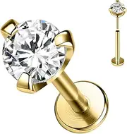 SYLWIA 14K Real Gold Lip Rings Stud, 16g Threadless Push in Ashley Piercing Lip Jewelry, Diamond CZ - 2mm 2.5mm 3mm, 18g Nose Conch Helix Tragus Labret Stud for Women Men