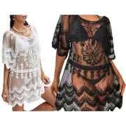 Women V-neck Bikinis Cover Up Flowy Lace Bathing Suit Cover Up Loose Beach-Dress