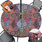 Round Tablecloth with Umbrella Hole and Zipper Waterproof Fitted Patio Table Cloth Outdoor Tables Cover Cloths Elastic Tablecloths for Camper Picnic Camping Outdoors Outside 40"-44" Bohemia